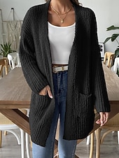 Недорогие Кардиган с открытым передом-Жен. Вязаная ткань Кардиган Уличный стиль На каждый день Сплошной цвет Открытый перед Карман Трикотаж Длинный рукав Обычные топы Вязать Повседневные На выход выходные Черный Белый Осень Зима
