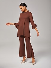 billige Bluser og skjorter-damebluse i kaffebrun chiffong-modal med smal passform og gjennomsiktige ermer, elegant, lett, pustende, kontor, middag, date