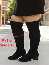 billige Mote støvler-Svarte damestøvletter med ekstra bred passform over kneet, stilige og komfortable støvler for store størrelser, perfekte for avslappet gatestil og høst-/vinterantrekk