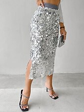 economico Gonne da Festa-Per donna Gonna Aderente Elegante Moda Midi Vita Alta Gonne Semplice Paillettes Elasticizzato Feste Streetwear Argento Nero Oro Primavera Poliestere