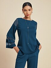 billige Bluser og skjorter-Elegant påfuglblå modaltopp for kvinner med stretch og gjennomsiktige chiffongermer i kraftig tykkelse