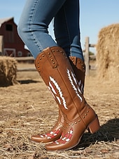 Broderade cowboystövlar i westernstil för kvinnor, svart och röd design med nitar, perfekta för holloween-festivaler, countrykonserter och vardagliga outfits billiga Cowboy & Western Boots-Broderade cowboystövlar i westernstil för kvinnor, svart och röd design med nitar, perfekta för holloween-festivaler, countrykonserter och vardagliga outfits