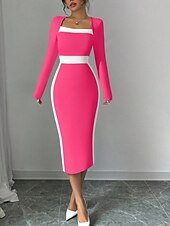billiga Randig och geometrisk klänning-Dam Midiklänning Sheath Dress Ledigt Helgdag Utekväll Normal Randig Långärmad Fyrkantig hals Svart Fuchsia Mörkblå Vår Höst Vinter