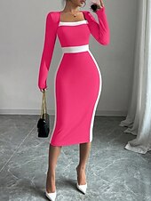 billiga Randig och geometrisk klänning-Dam Midiklänning Sheath Dress Ledigt Helgdag Utekväll Normal Randig Långärmad Fyrkantig hals Svart Fuchsia Mörkblå Vår Höst Vinter