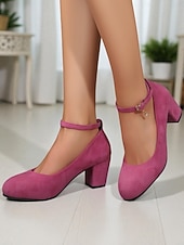 abordables Block Heels-Escarpins Mary Jane à talon carré en daim rose pour femme – bout rond, bride cheville et pendentif breloque pour le bureau, les soirées en amoureux et au quotidien