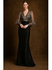 abordables Longueur du plancher-Sirène / Trompette Fourreau / Colonne Robe de Soirée Élégant Robe de soirée Formel Mariage Longueur au sol manche longue Col en V Robe Rose Satin avec Imprimé 2025