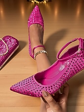 cheap Cocktail-Women&#039;s Green Rhinestone Heels and Matching Clutch Bag Set - Elegant Pointed Toe Pumps with Ankle Strap for Formal Events and Cocktail Parties