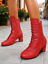 baratos Botas de tornozelo-Botas femininas de couro sintético com cadarço e salto grosso, estilo vintage, perfeitas para looks casuais e retrô.