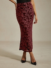  Damen Elegant Vintage Maxi Hohe Taille Röcke Dehnbar Wein Frühling