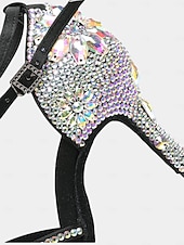 baratos Sapatos de Dança Latina-Sapatos de dança latina pretos com strass para mulheres - saltos brilhantes para festas de salão com tira no tornozelo para salsa, rumba e eventos noturnos