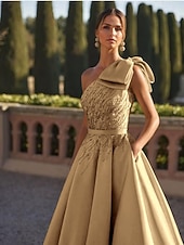 economico Abiti da Sera a Linea A-Abito da sera a-linea elegante formale per matrimoni lungo fino al pavimento senza maniche a spalla unica in raso con fiocchi glitterati e perline