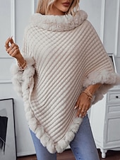 preiswerte Einfarbige Farben-Damen Pullover Schultertuch Elegant Mode Streetwear Einfarbig Gerippt Rollkragen Gestrickt Asymmetrischer Saum Kunstpelzbesatz Halbarm Normale Oberteile Stricken Outdoor Täglich Wochenende Weinrot