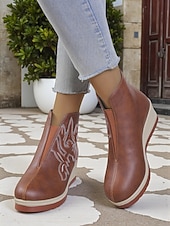 levne Kotníkové boty-Dámské hnědé kotníkové boty na klínku – vyšívané kozačky z umělé kůže na platformě pro běžné nošení a boho outfity