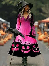 tanie Strój na Halloween-Halloween Damskie Sukienka midi Sukienka A line Urlop Codzienny Ślub Impreza Urodziny Regularny Graficzny Rękaw 3/4 W serek Rumiany róż Niebieski Pomarańczowy Wiosna Jesień
