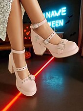 お買い得  女性向け-バックルストラップとクロスディテールを備えた女性用ゴシックプラットフォームメリージェーンヒール - ハロウィーン、コスプレ、ロックミュージックフェスティバルに最適な黒のチャンキーハイヒール