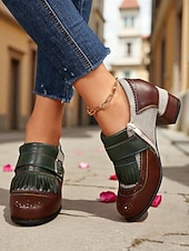 preiswerte Retro-Stil der 1950er Jahre-Damen-Oxfords im Retro-Stil der 1950er Jahre mit T-Riemen und Blockabsatz und Fransen, einzigartiges Farbblockdesign für den Freizeit-, Alltags- und Streetstyle.