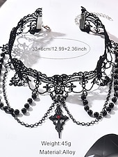 tanie Akcesoria Halloween-Zestaw damski naszyjnik i kolczyki w stylu gotyckim z koronką na Halloween – czarna koralikowa biżuteria wampirza na imprezę kostiumową i cosplay