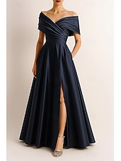 abordables Robes de Soirée en A-Ligne A Longueur au sol Robe de Soirée Tenue de soirée Élégant Scintillant Style Célébrité Sans manches Épaules Dénudées Formel Mariage Satin Extensible avec Plis Froncé Fente