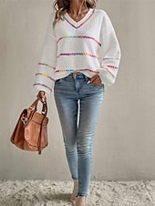 levne Texturované mikiny-Dámské Svetr Rolák Denní stylové Na běžné nošení Proužky Rýhovaný Do V Pletený Dlouhý rukáv Běžné topy Plést Denní Dovolená Jdeme ven Černá Bílá Podzim Zima