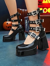 olcso Nőknek-női gótikus punk fekete műlakk platform Mary Jane magassarkú - többcsatos pántos blokkcipők halloweeni jelmezekhez, cosplayhez és esti partikhoz