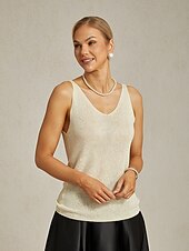 preiswerte Einfacher Tank-Damen Camisole-Tanktop Elegant Party Ärmellos V Ausschnitt Normale Oberteile Hochzeitsgast Party-Abendmode Niete Glitzer Perlenbesetzt Champagner Sommer Frühling Herbst