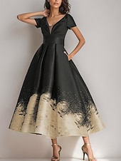 preiswerte Cocktailkleider-A-Linie Knöchellänge Cocktailkleider Partykleider Elegant seidig Kurzarm V Ausschnitt Hochzeit Formell Tasche Satin mit Blumenmuster