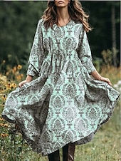 economico Abiti Boho-Pasqua Per donna Abito Midi Abito a trapezio Vacanza Casual Boho Spiaggia Vestibilità comoda Floreale Grafico Paisley Manica Lunga Scollo a V Rosa Blu Viola Verde Primavera Autunno Inverno