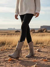 Χαμηλού Κόστους Καουμπόη και δυτικές μπότες-Γυναικείες καφέ μπότες μέχρι το γόνατο με κρόσσια από τεχνητό δέρμα, λεπτομέρειες με τρουκς και χαμηλά τακούνια, μποέμ παπούτσια σε στιλ καουμπόι γουέστερν