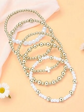 cheap Women's Bracelet-Women's Pearl and Gold Bead Bracelet Set – 6Pcs Stretch Layered Beaded Bangles, Elegant Fashion Jewelry for Parties, Weddings &amp; Daily Wear