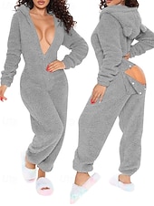 billiga Loungewear till damer-Dam Onesies Ledigt Komfort Comfrt Ren färg Ficka Jul Hem Långärmad Luvtröja Rodnande Rosa Vin Rubinrött Fuchsia Brun Vår Höst Vinter