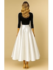 economico Abiti da smoking-Abiti da cocktail A-Line in nero e bianco Abito formale elegante Abito da matrimonio formale lunghezza tea midi lunghezza manica 3/4 colletto a punta Top in crepe elasticizzato gonna in satin con