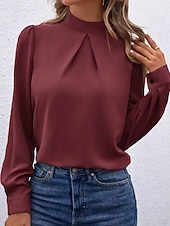 Χαμηλού Κόστους Επίσημες Μπλούζες-Γυναικεία Πουκάμισο Κομψή Φιλάρεσκος Σατέν Μπλούζα Συμπαγές Χρώμα Στυλάτο Καθημερινό Μακρυμάνικο Ζιβάγκο Κανονικά μπλουζάκια Καθημερινά Εξόδου Μαύρο Κίτρινο Πράσινο Ανοικτό Ρουμπίνι Βυσσινί