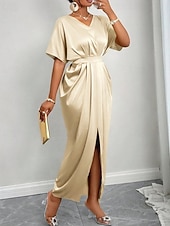 abordables Robe de cocktail-Femmes Robe Longue Maxi Robe Robe de Soirée Robe de Cocktail Robe en Satin Élégant Moderne Soirée Coupe régulière Uni Manche Courte Col en V Noir Jaune Bleu Roi Vert foncé Automne Hiver