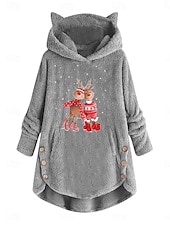 billige Julegenser-Dame Pullover hettegenser-genser Grafisk Reinsdyr Fritid Langermet Med hette Crop Tops Gate Hverdag Avslappet Lomme Trykt mønster Rosa Vin Grå Høst Vinter
