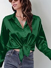  Mulheres Camisa Social Elegant Elegante Top de cetim Botões Côr Sólida à moda Casual Manga Longa Colarinho de Camisa Tops regulares Diário Para Noite Azul Verde Claro Rosa Camelo Verde Primavera
