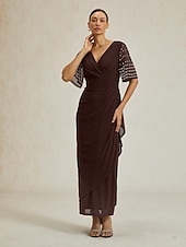 levne Jednoduché šaty-Dámské Maxi šaty Plášťové šaty Elegantní Pevná barva Krátký rukáv Do V Hnědá Léto Jaro Podzim