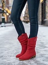 abordables Bottes souples-Bottes mi-mollet souples en faux daim rouge pour femmes avec talon bas et languettes de traction – chaussures d&#039;hiver et de vacances élégantes pour les tenues décontractées et Noël