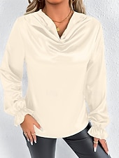 Недорогие Нарядные блузки-Жен. Рубашка Elegant Нарядный Атласный верх Драпировка Сплошной цвет Стиль На каждый день Длинный рукав Вырез-хомут Обычные топы Повседневные На выход Черный Розовый Зеленый Абрикосовый Весна Осень