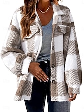 billiga Fleece-fodrade jackor-Dam Sherpajacka Vardaglig jacka Bekväm Andningsfunktion Ficka Knappar Mönster Ledigt Rutig Semester Gata Ledigt Dagliga kläder Enkelknäppt Normal Nedvikt Normal Långärmad Ytterkläder Svart Rubinrött