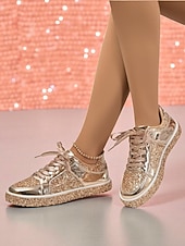 billiga Damsneakers-Damsneakers med guldfärgad glitter – glänsande snörskor med glittrig design för nattliv, klubbar och fester