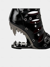 cheap Fashion Boots-Women's Gothic Cutout Knee-High Heels with Spiked Sculptural Wedge - Black Punk Fetish Boots for Halloween, Cosplay and Alternative Fashion Parties