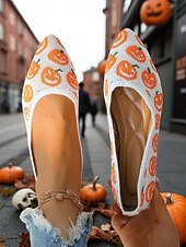 お買い得  女性向け-レディース ハロウィン ゴースト柄 ニット バレエ フラットシューズ - 休日やストリートスタイルにぴったりの軽量ポインテッドシューズ