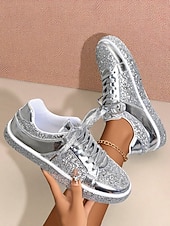 billiga Damsneakers-Damsneakers med guldfärgad glitter – glänsande snörskor med glittrig design för nattliv, klubbar och fester