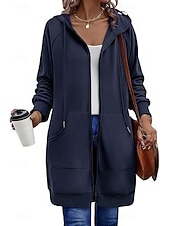 halpa huppari takki-Naisten Huppari takki Mukava Hengittävä Vetoketju Tasku Vapaa-aika Tavallinen Loma Katu Kausaliteetti Arki-asut Vetoketju Pitkä Hupullinen Normaali Pitkähihainen Päällysvaatteet Laivasto Musta