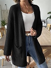 Недорогие Кардиган с открытым передом-Жен. Вязаная ткань Кардиган Уличный стиль На каждый день Сплошной цвет Открытый перед Карман Трикотаж Длинный рукав Обычные топы Вязать Повседневные На выход выходные Черный Белый Осень Зима