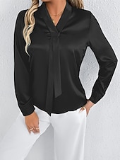economico Top eleganti-Per donna Camicia Camicia in raso Tinta unica Elegante Casual Manica Lunga Scollo a V Top Regolari Quotidiano Uscire Nodo frontale Nero Bianco Primavera Autunno