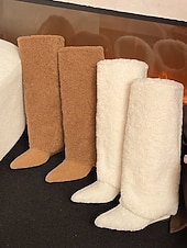 ieftine Cizme de zăpadă și iarnă-Cizme de damă până la genunchi, albe, din fleece, pantofi de iarnă călduroase și confortabili, cu vârful ascuțit, pentru ținute casual de oraș