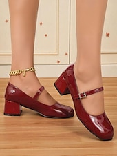 billige 1950-talls retro-Damesko med burgunderfargede Mary Jane-hæler i lakkskinn – vintage pensko fra 50-tallet med blokkhæl og spenne for jenter, cosplay og festantrekk