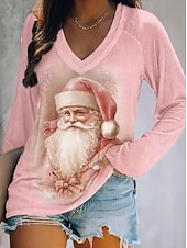Christmas Women's T Shirt Graphic Santa Claus Vintage Stylish Classic Long Sleeve V Neck Regular Tops Daily Print Pink Spring Fall Winter4