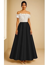 Недорогие Коктейльные платья-А-силуэт Вечернее платье Элегантный стиль Торжественное платье Официальные Свадьба В пол С короткими рукавами С открытыми плечами Сатин с Вышивка Аппликации 2025